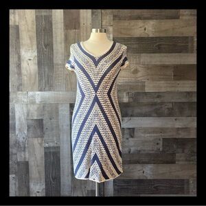 Nic+Zoe knit midi sheath dress small blue cream boho chic party quiet luxury